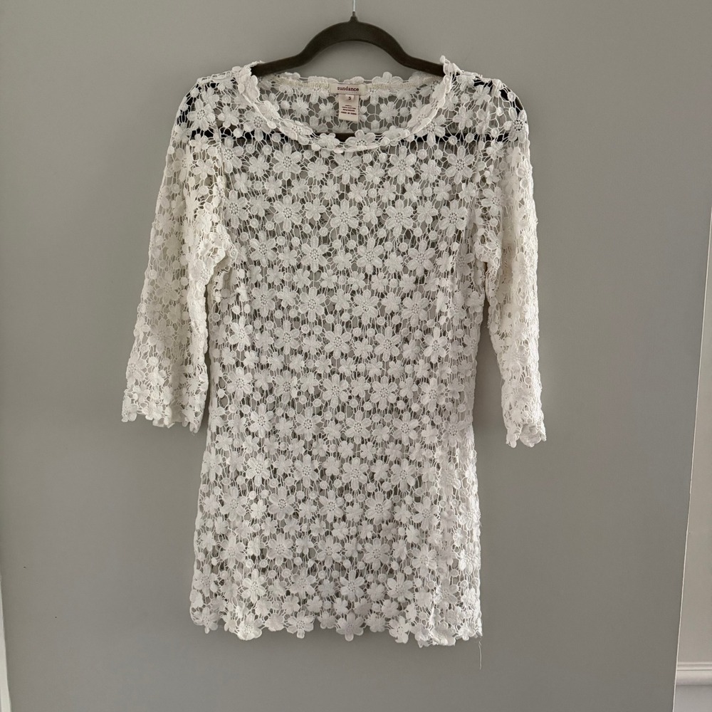 Sundance White Floral Crochet Lace Tunic Top 3/4 Sleeve Cotton Daisy S Feminine
